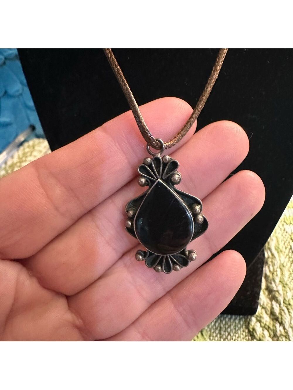 Sterling Silver & Onyx Teardrop Necklace (.925)